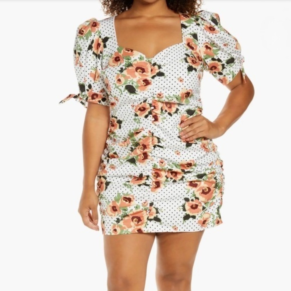 NWT Lavish Alice Polka Dot Floral‎ Ruched Puff Sleeve Mini Dress White 14